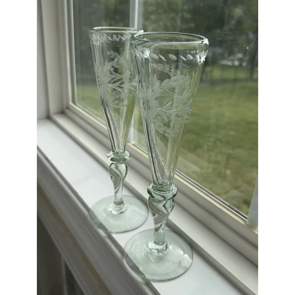 Rios Interiors Hand Blown Etched Champagne Flutes Set of 2 Floral Glass 10” Boho